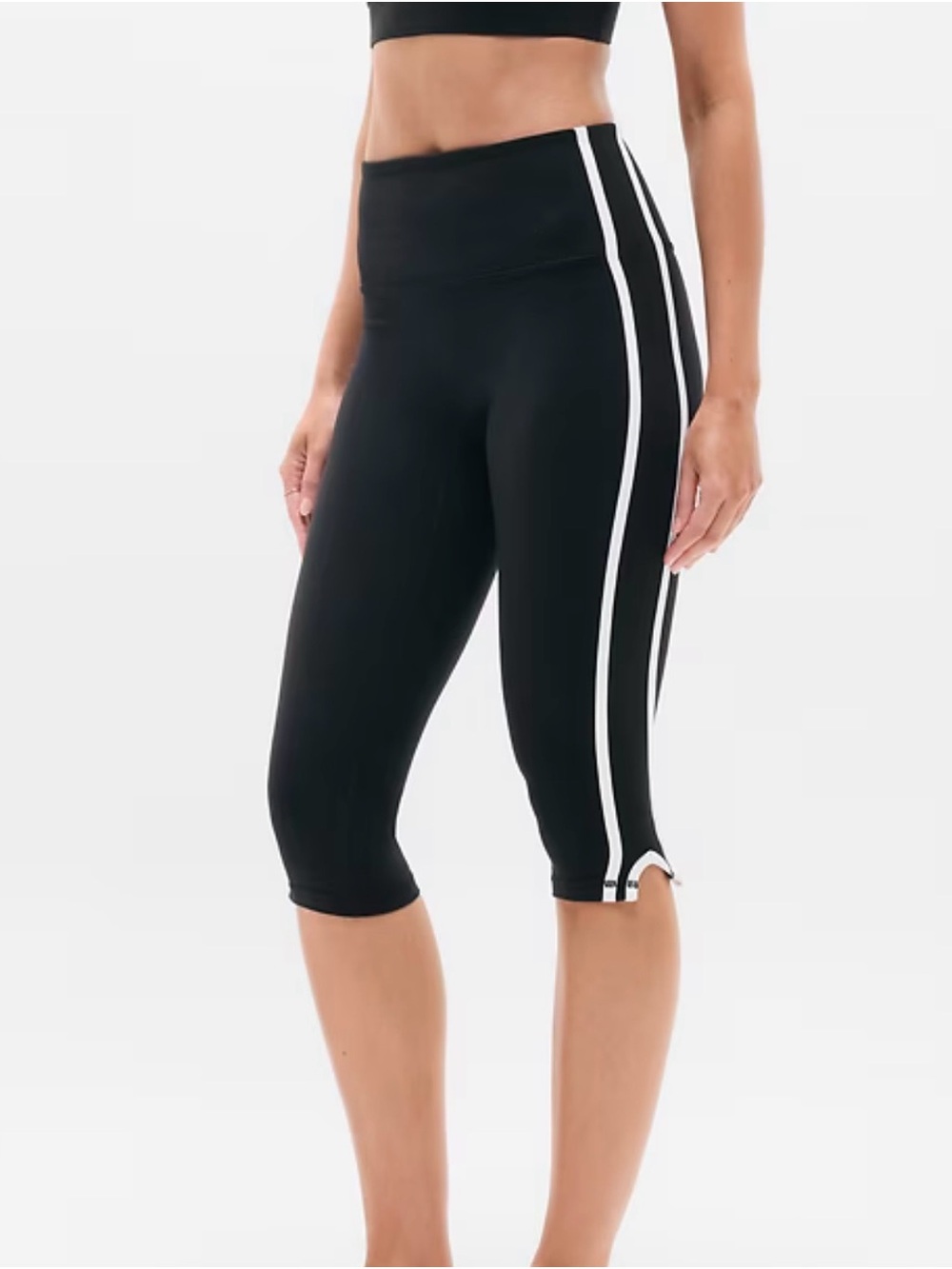 Athleta Elation Track Stripe Crop Black Capri Leggings with White Side Stripe